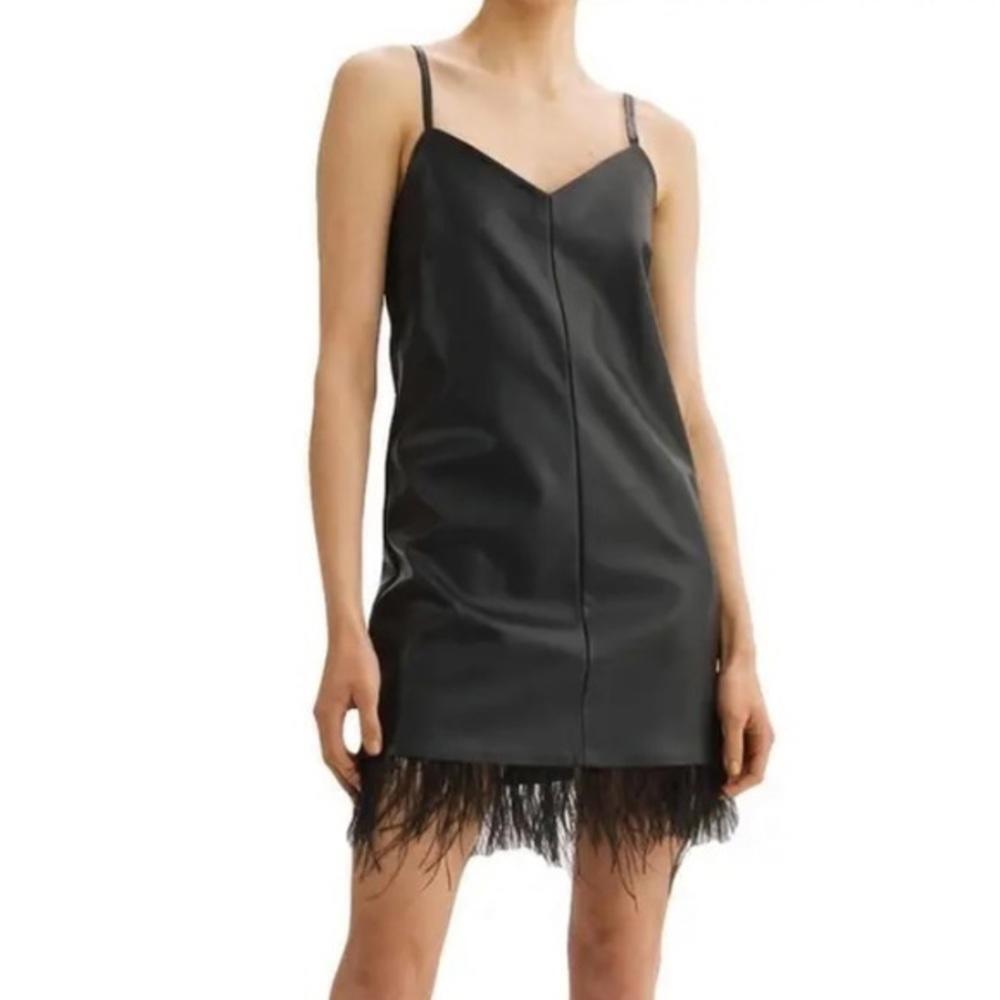 NEW Lamarque Mollie Women's Faux Leather Feather Trim Sleeveless Slip Dress